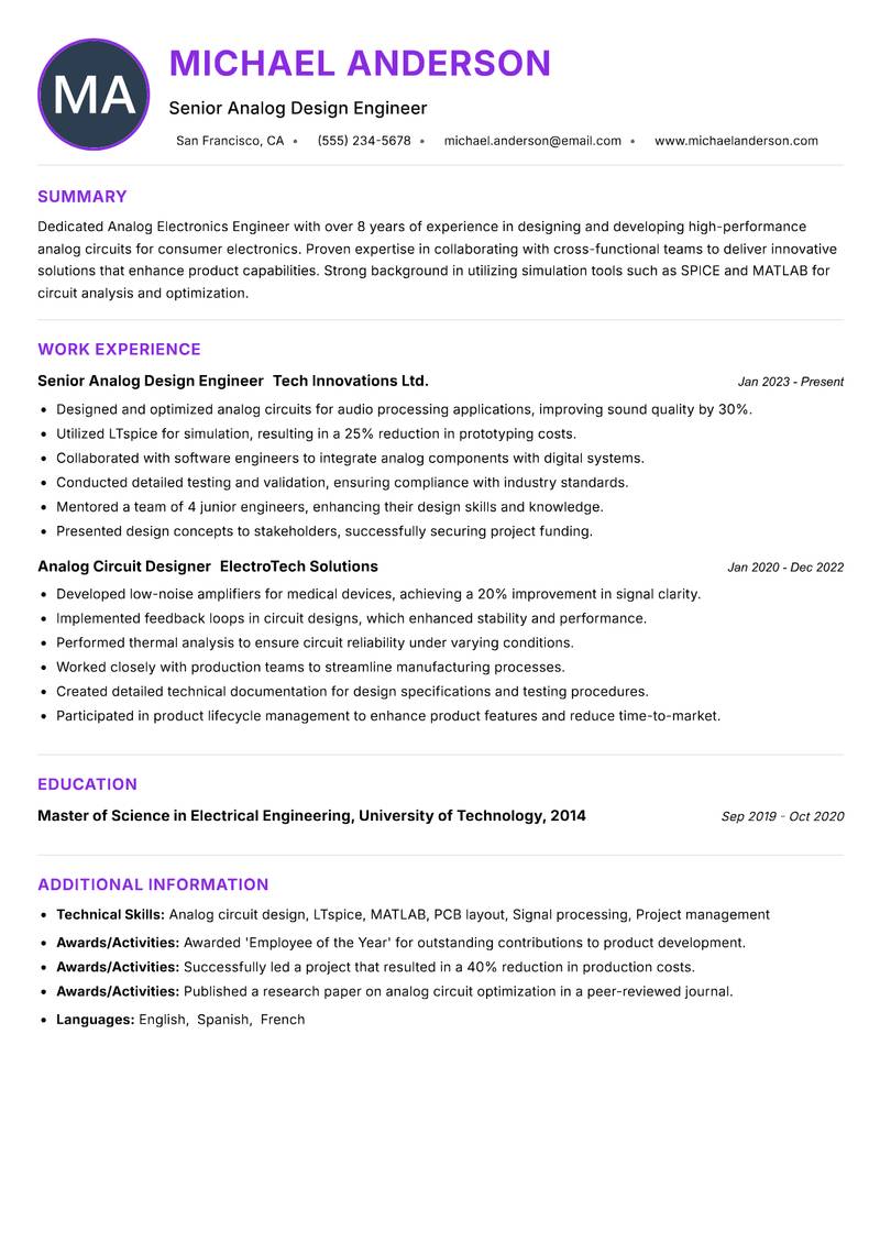 Analog Electronics Engineer resume example