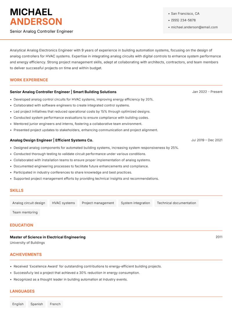 Analog Electronics Engineer resume sample — Senior Analog Controller Engineer focus
