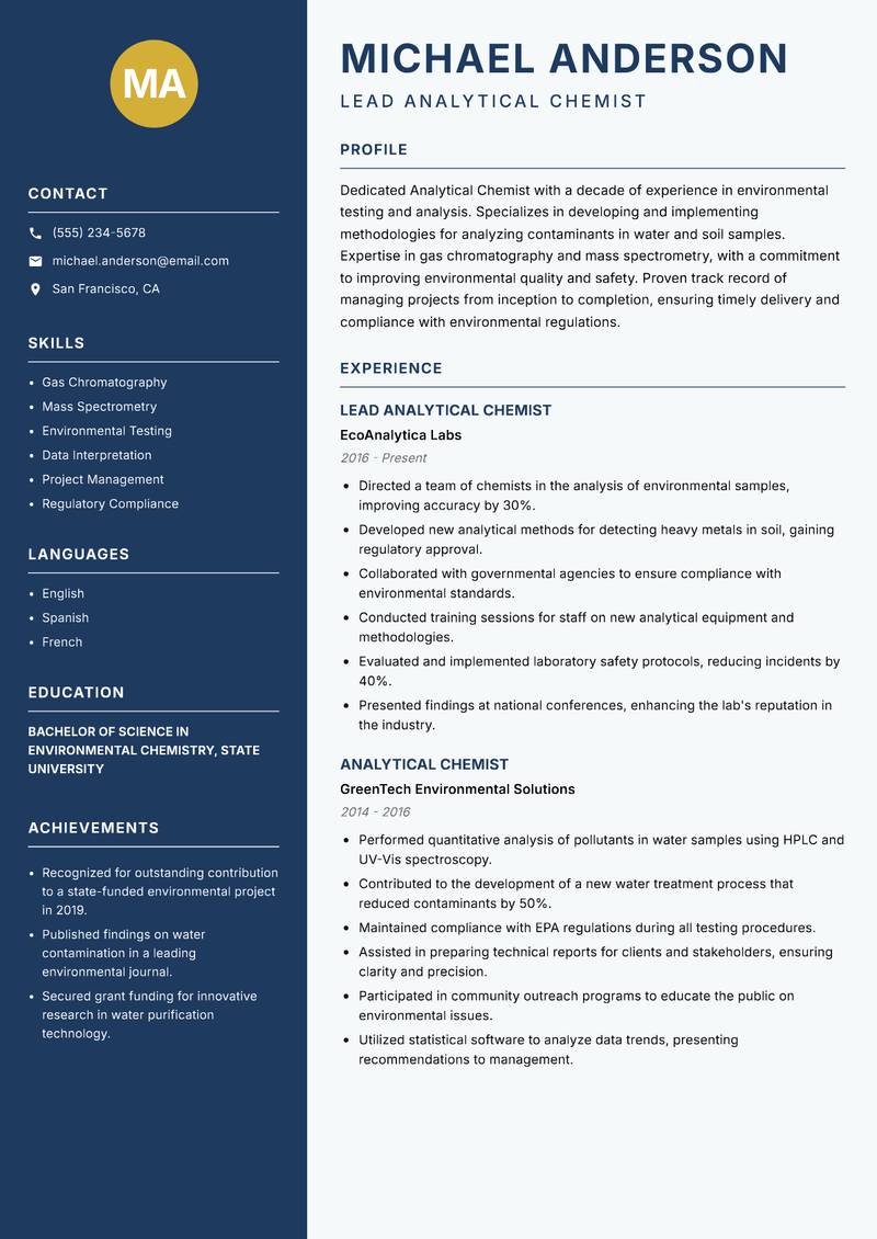 Analytical Chemist resume sample — Lead Analytical Chemist focus