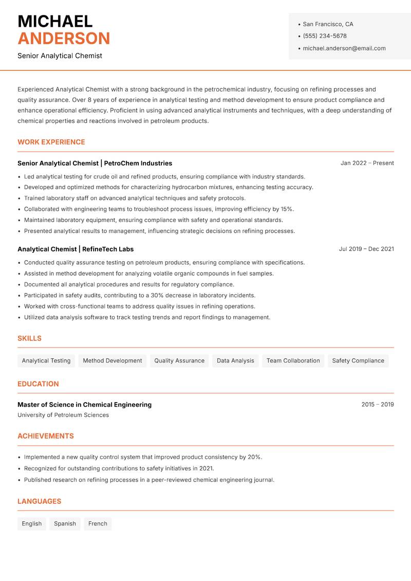 Analytical Chemist resume sample — Senior Analytical Chemist focus