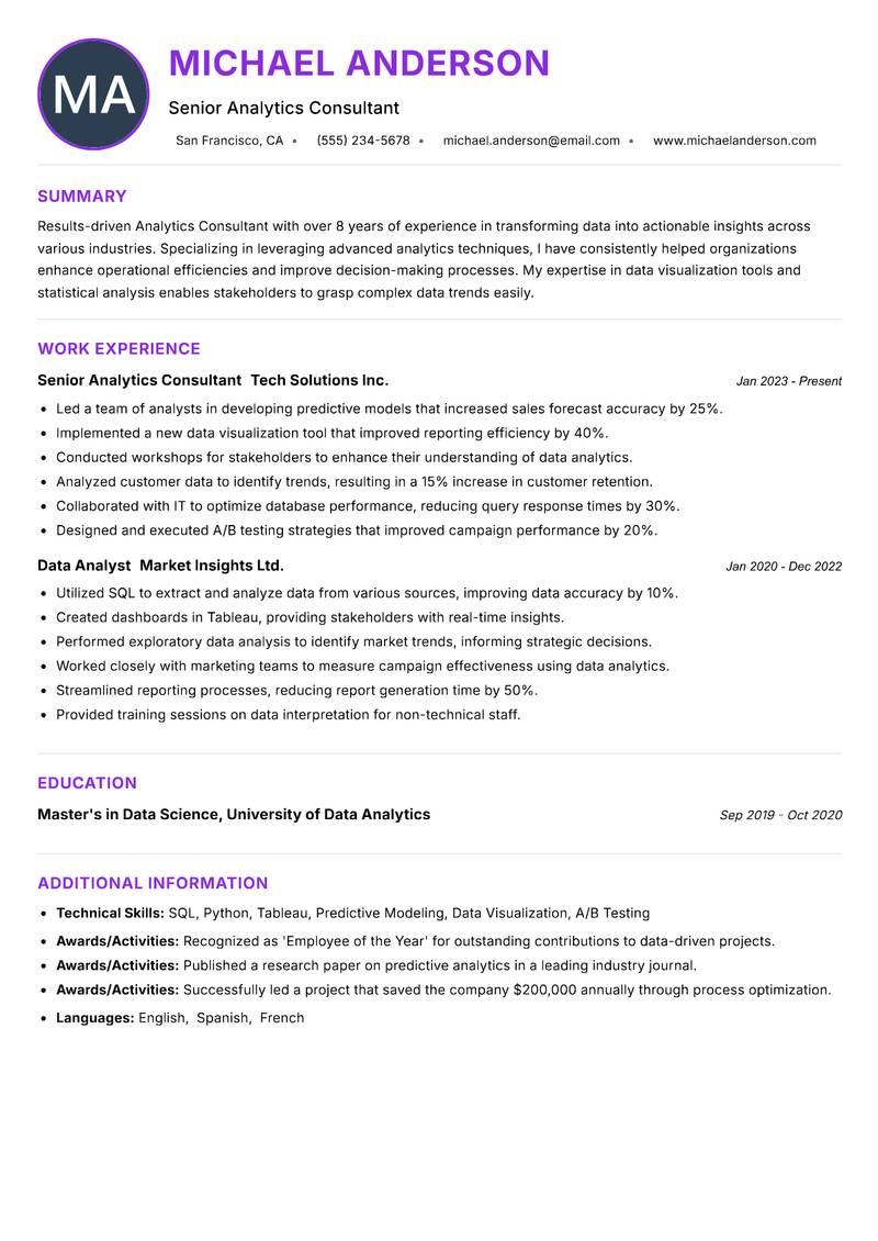 Analytics Consultant resume example — Data & Analytics