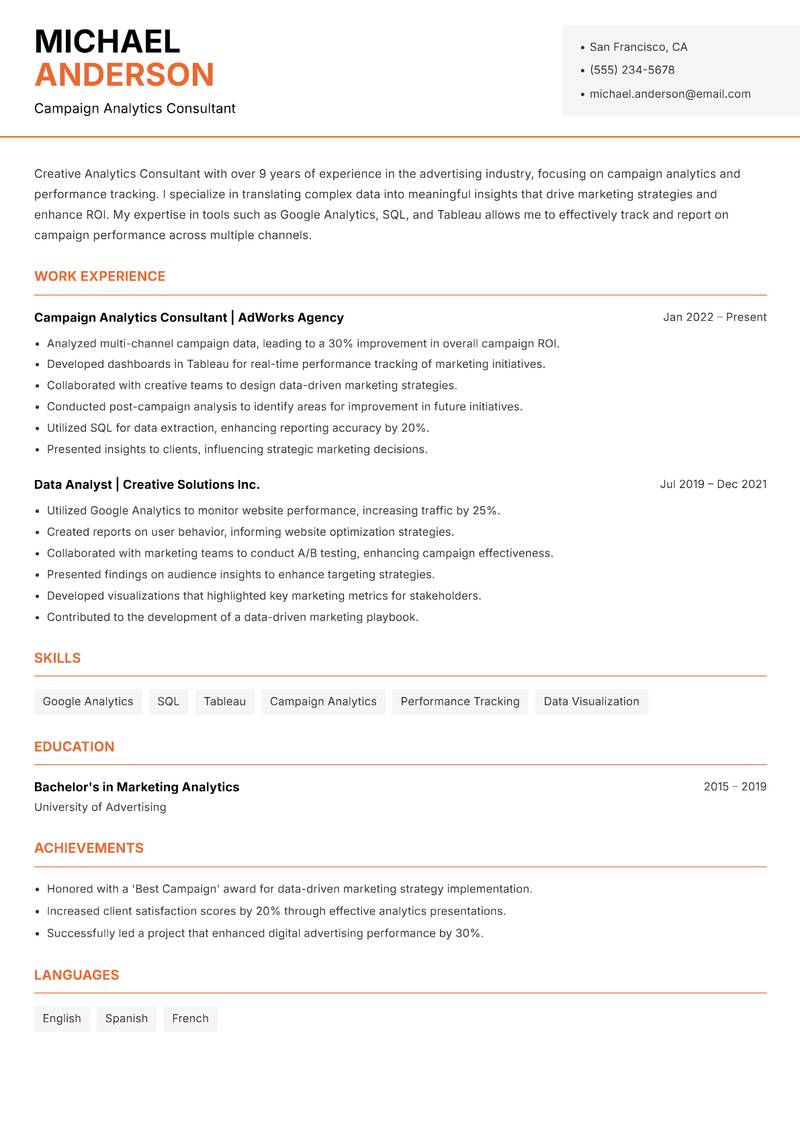 Analytics Consultant resume sample — Campaign Analytics Consultant focus