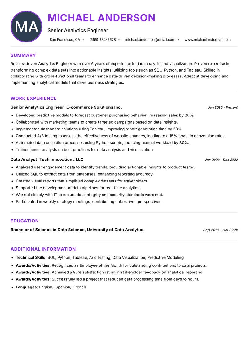 Analytics Engineer resume example