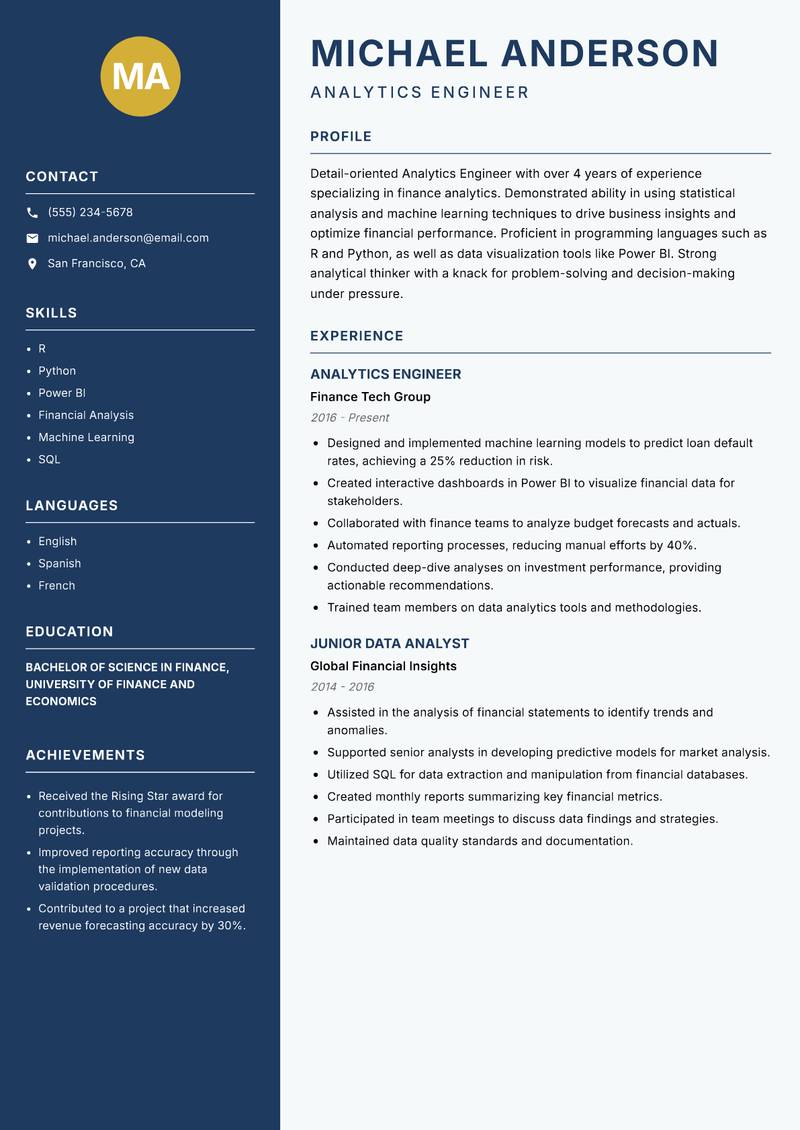 Analytics Engineer resume sample — Analytics Engineer focus