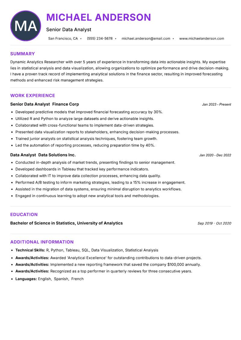 Analytics Researcher resume example