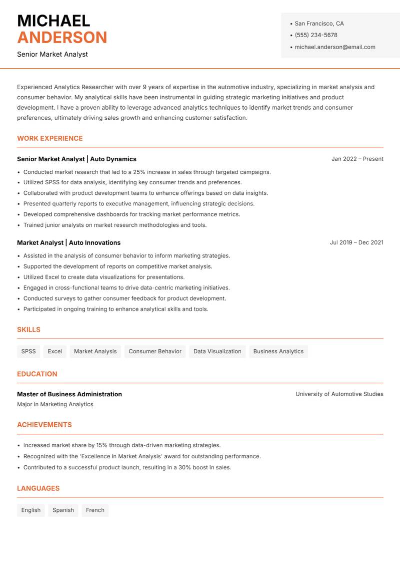 Analytics Researcher resume sample — Senior Market Analyst focus