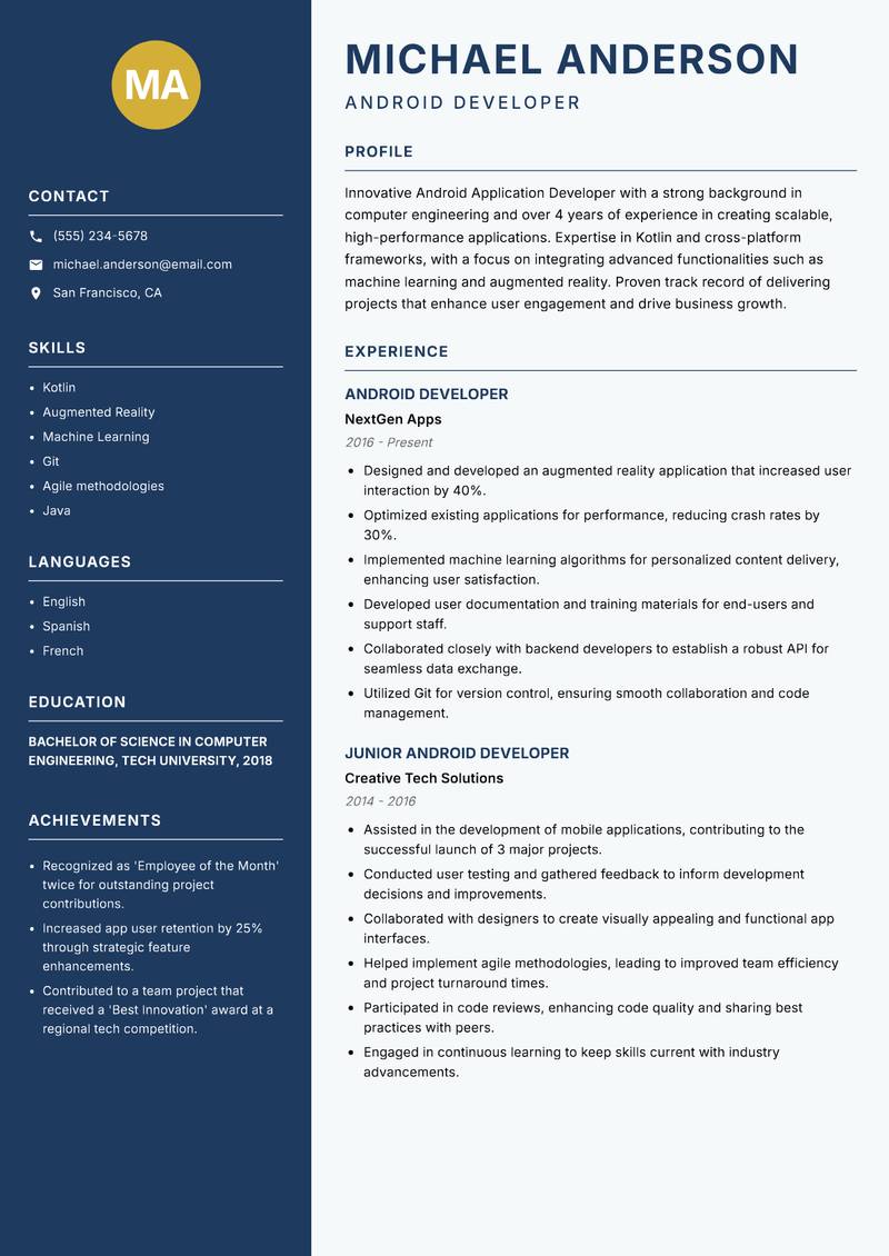 Android Application Developer resume sample — Android Developer focus