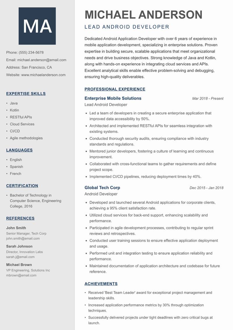 Android Application Developer resume sample — Lead Android Developer focus