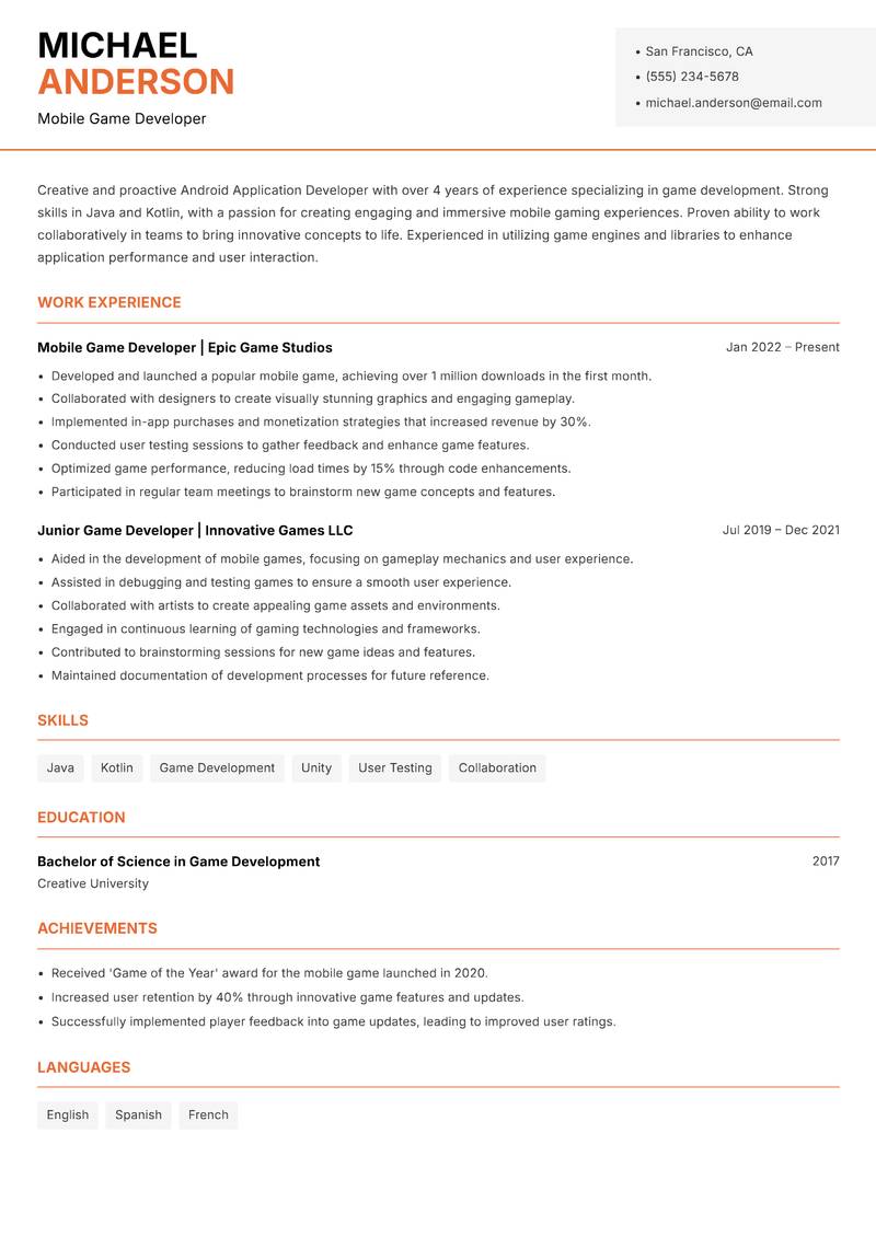 Android Application Developer resume sample — Mobile Game Developer focus