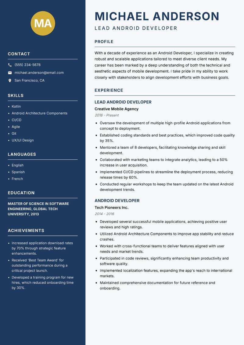 Android Developer resume sample — Lead Android Developer focus