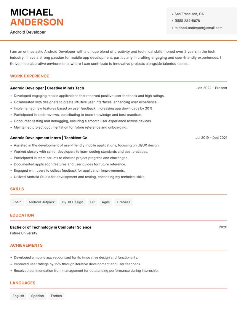 Android Developer resume sample — Android Developer focus