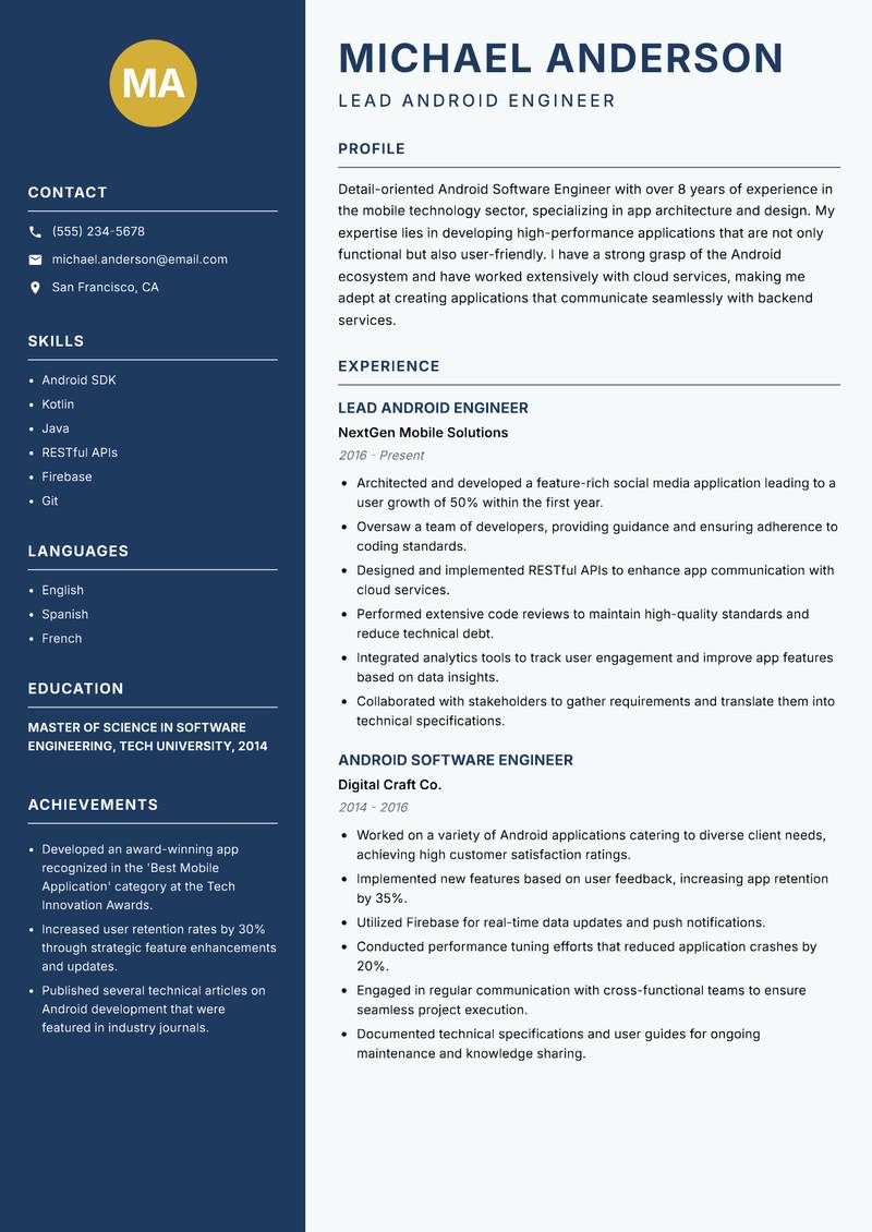 Android Software Engineer resume sample — Lead Android Engineer focus