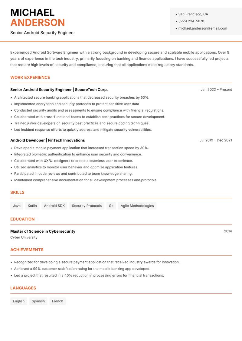 Android Software Engineer resume sample — Senior Android Security Engineer focus