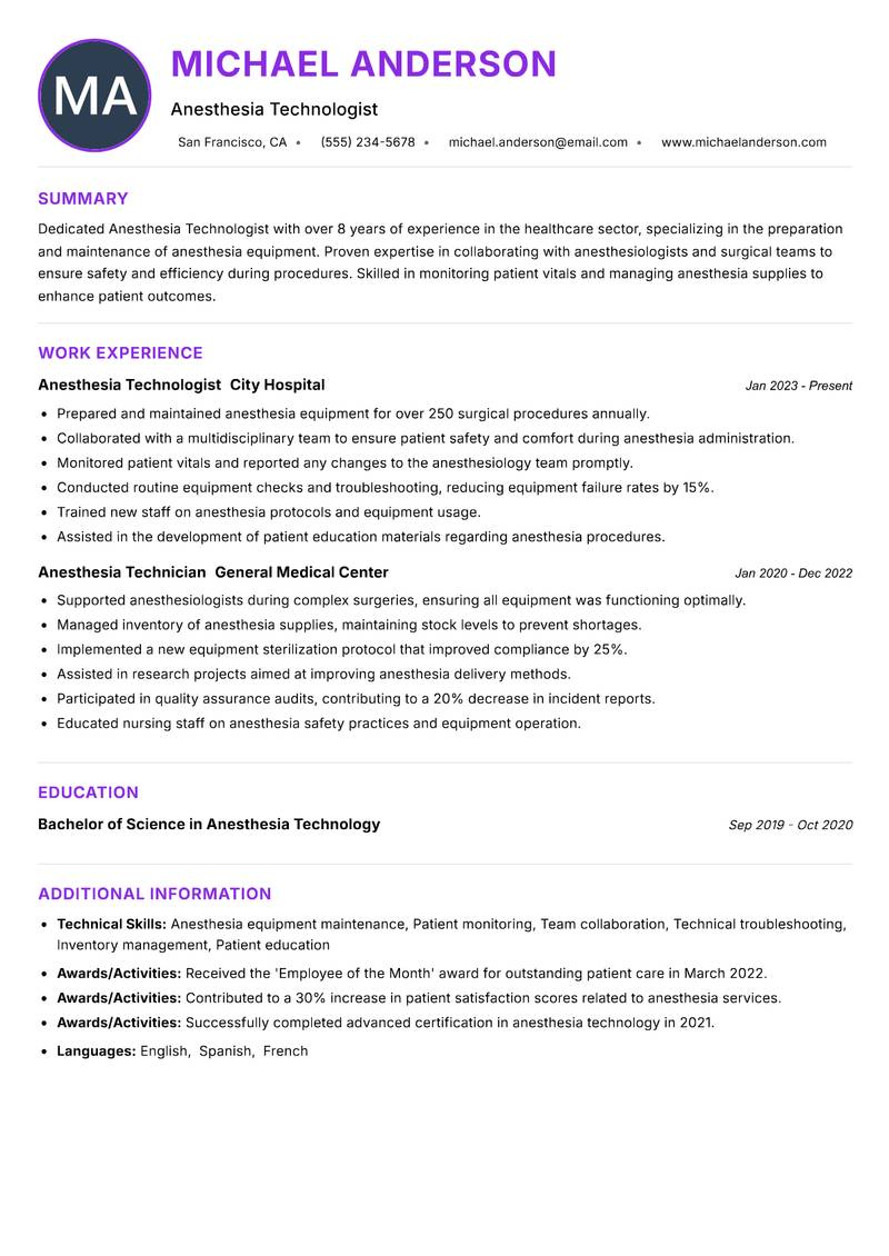 Anesthesia Technologist resume example