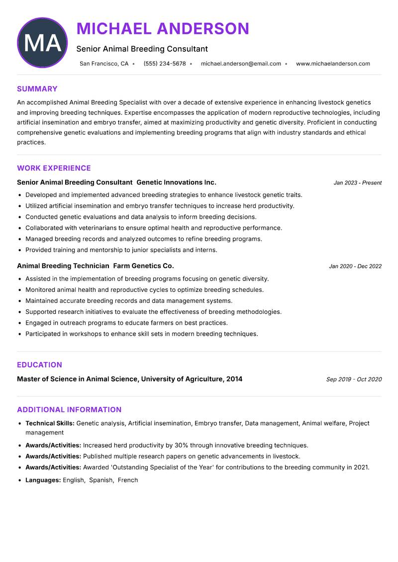 Animal Breeding Specialist resume example