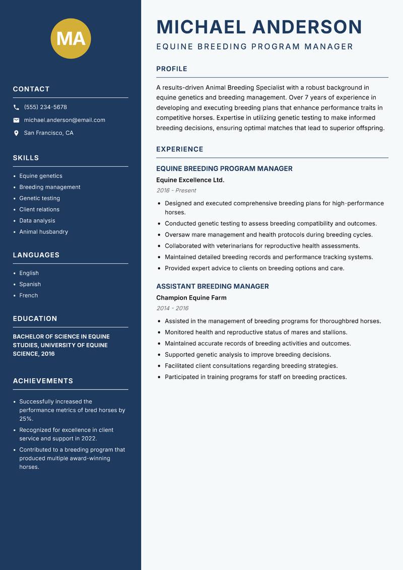 Animal Breeding Specialist resume sample — Equine Breeding Program Manager focus