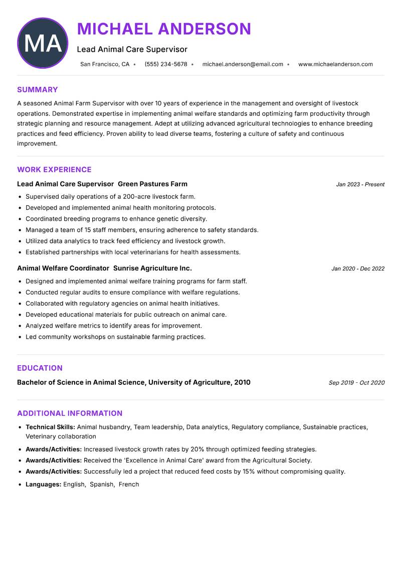 Animal Farm Supervisor resume example