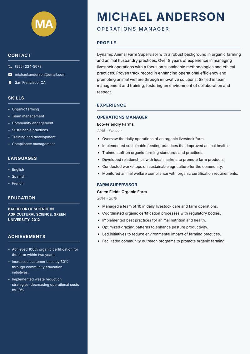 Animal Farm Supervisor resume sample — Operations Manager focus