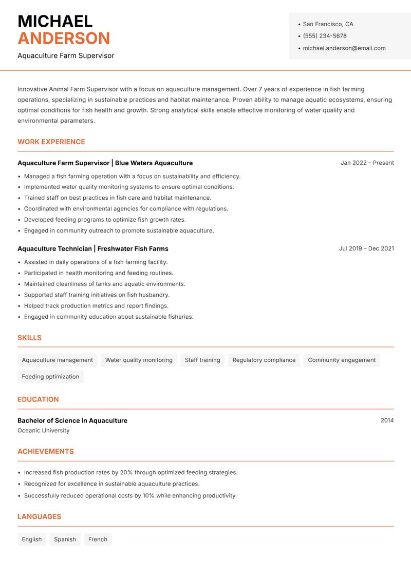 Animal Farm Supervisor resume sample — Aquaculture Farm Supervisor focus