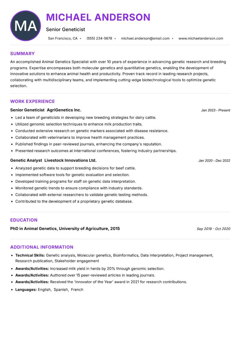 Animal Genetics Specialist resume example