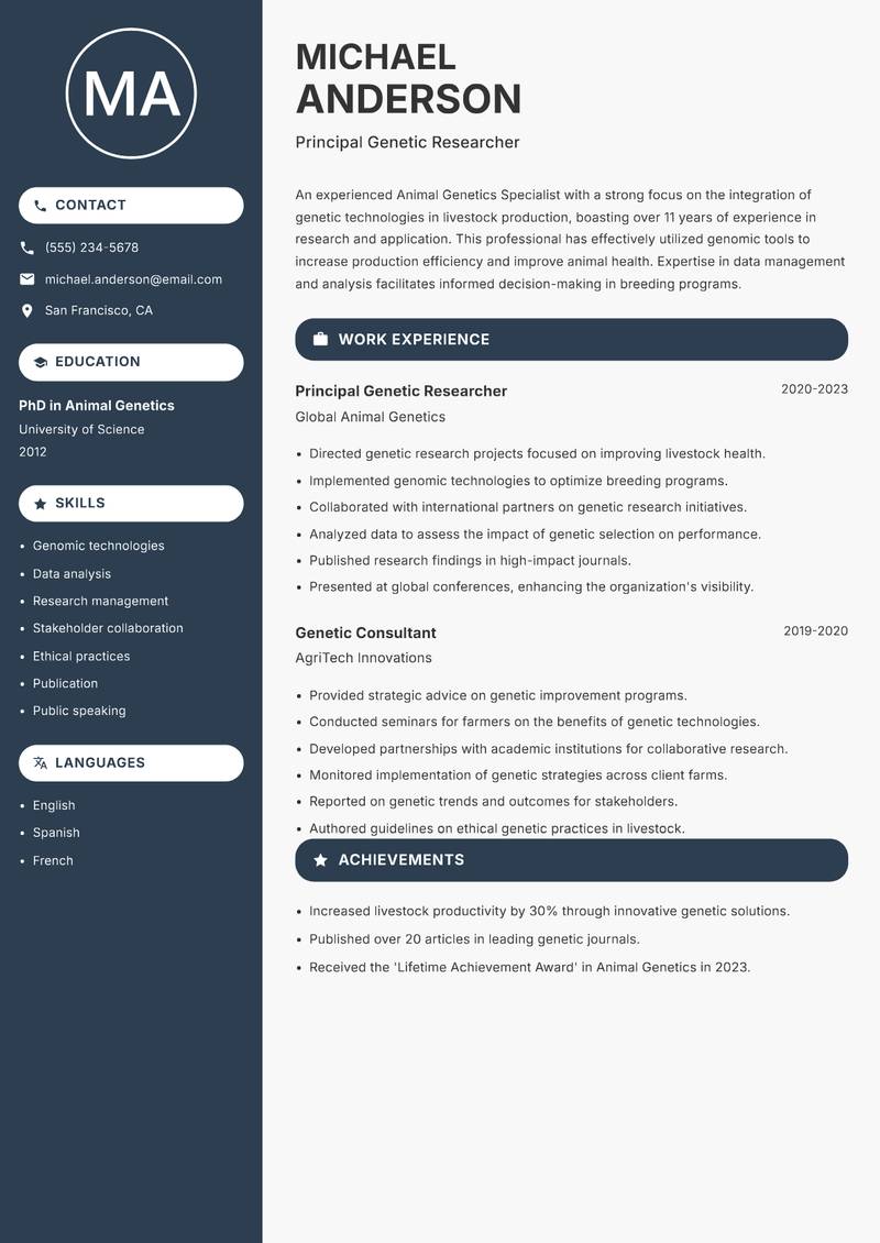 Animal Genetics Specialist resume sample — Principal Genetic Researcher focus