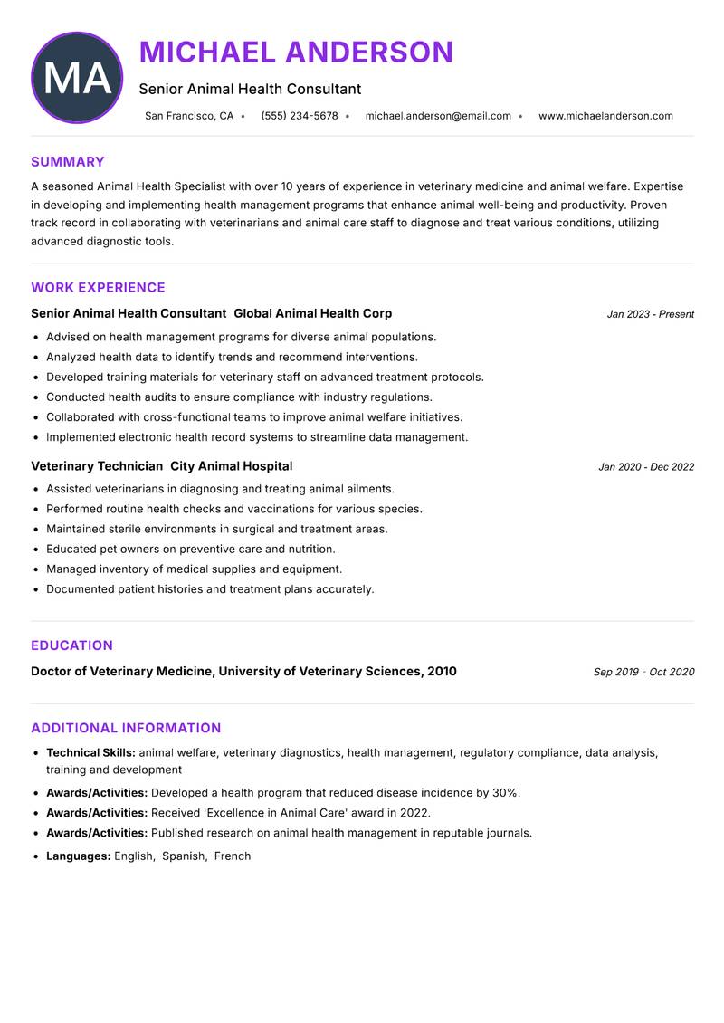 Animal Health Specialist resume example