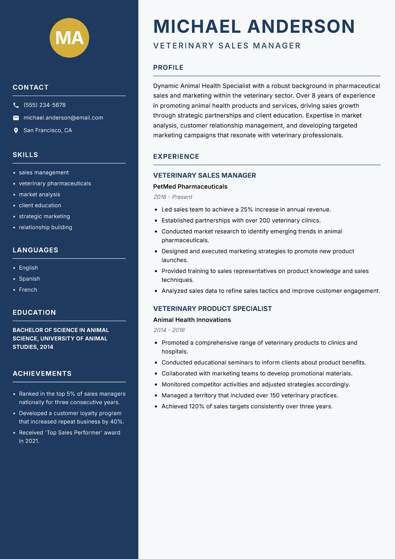 Animal Health Specialist resume sample — Veterinary Sales Manager focus
