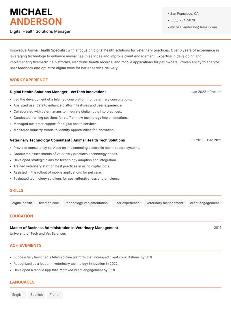 Animal Health Specialist resume sample — Digital Health Solutions Manager focus