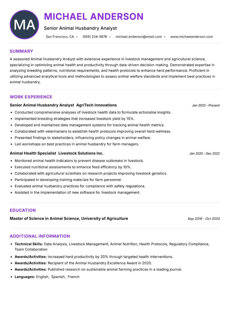 Animal Husbandry Analyst resume example