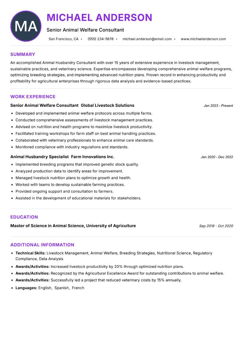 Animal Husbandry Consultant resume example