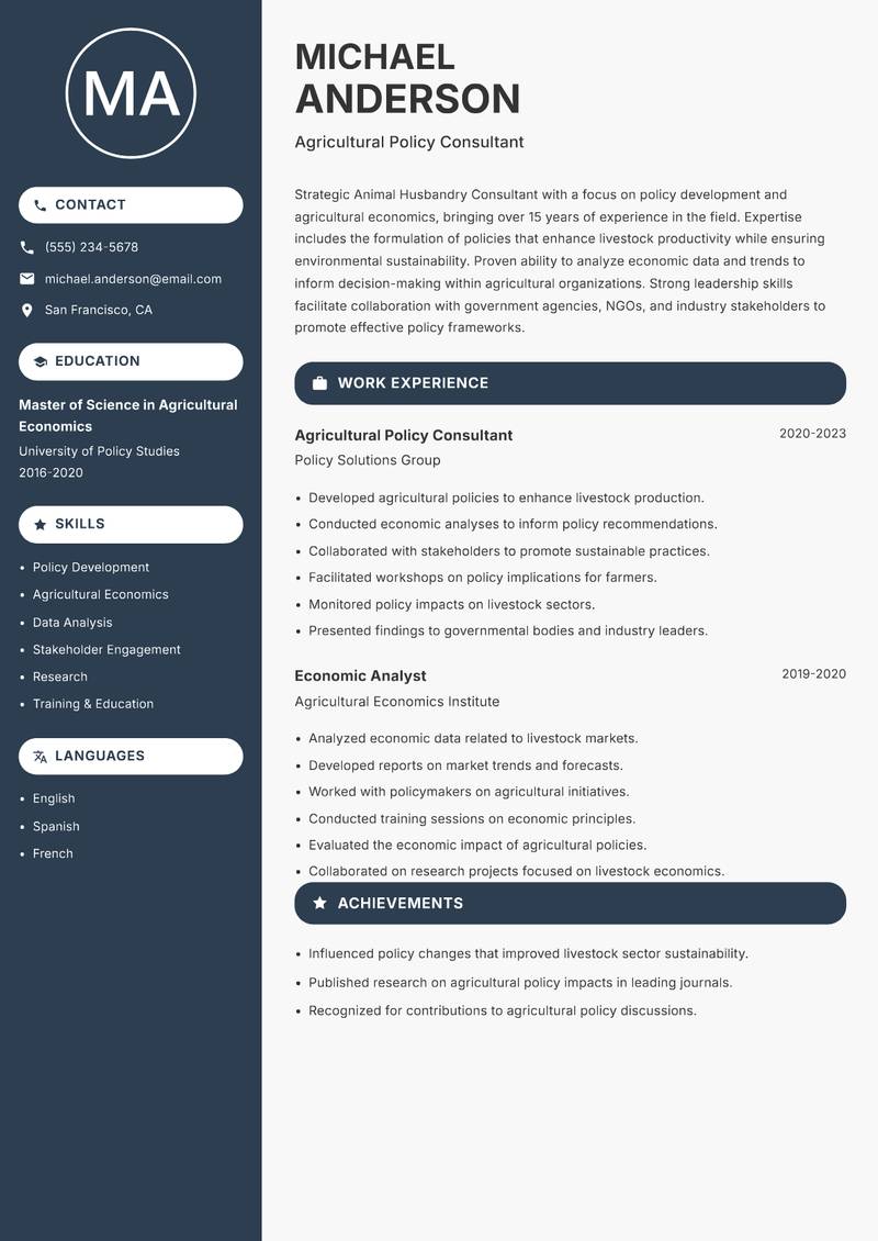 Animal Husbandry Consultant resume sample — Agricultural Policy Consultant focus