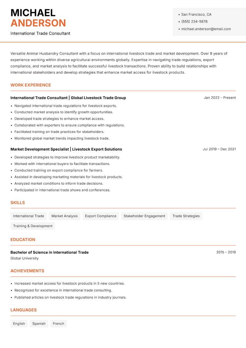 Animal Husbandry Consultant resume sample — International Trade Consultant focus