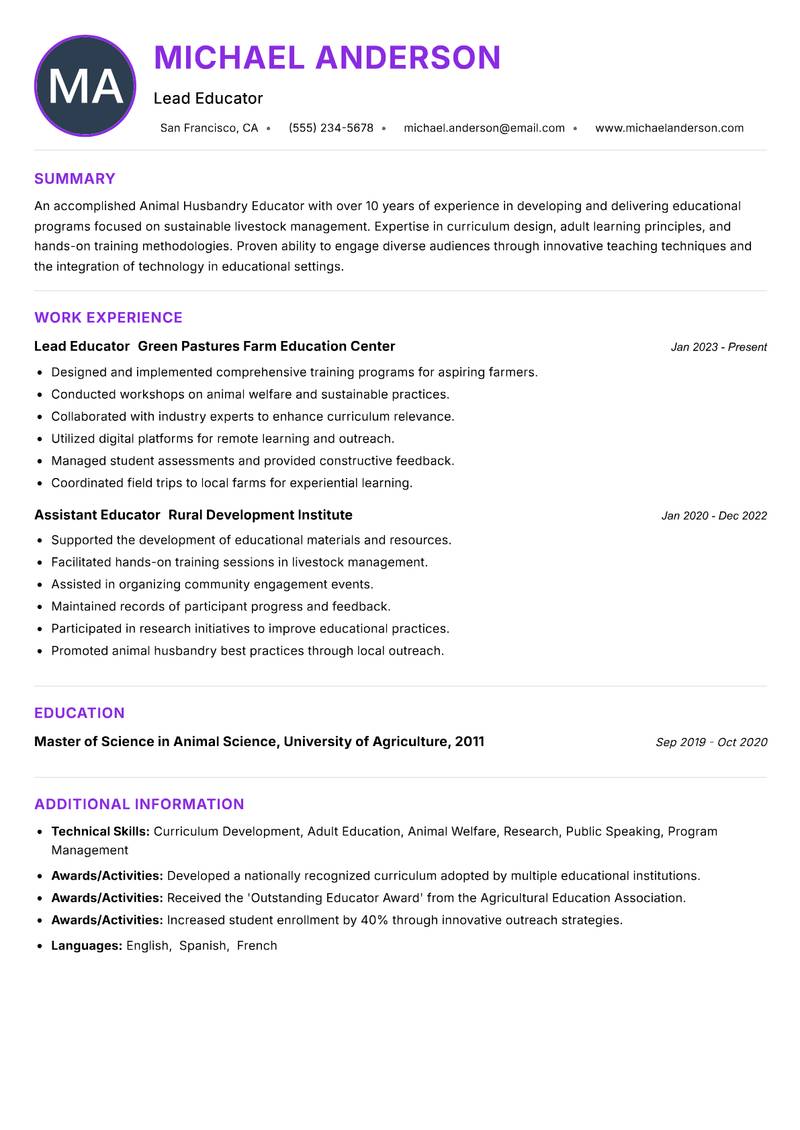 Animal Husbandry Educator resume example