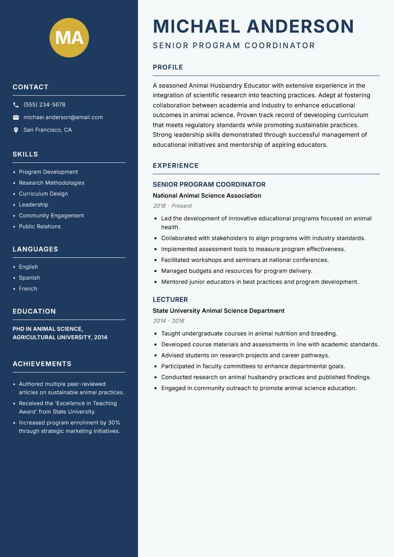 Animal Husbandry Educator resume sample — Senior Program Coordinator focus
