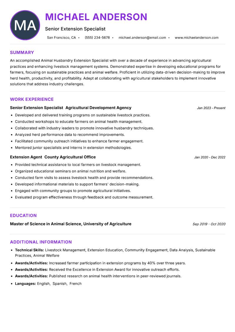Animal Husbandry Extension Specialist resume example