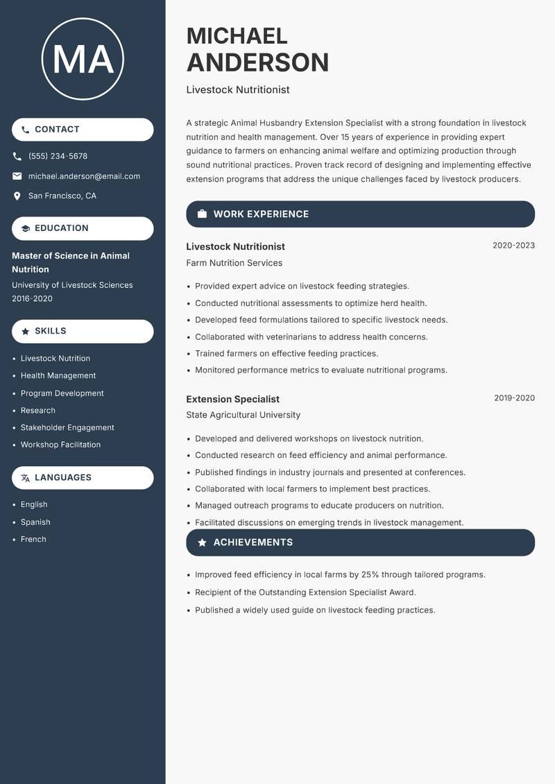 Animal Husbandry Extension Specialist resume sample — Livestock Nutritionist focus