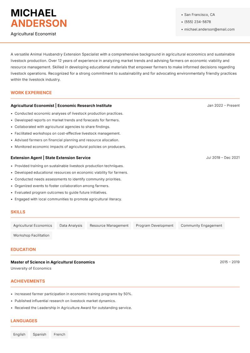 Animal Husbandry Extension Specialist resume sample — Agricultural Economist focus
