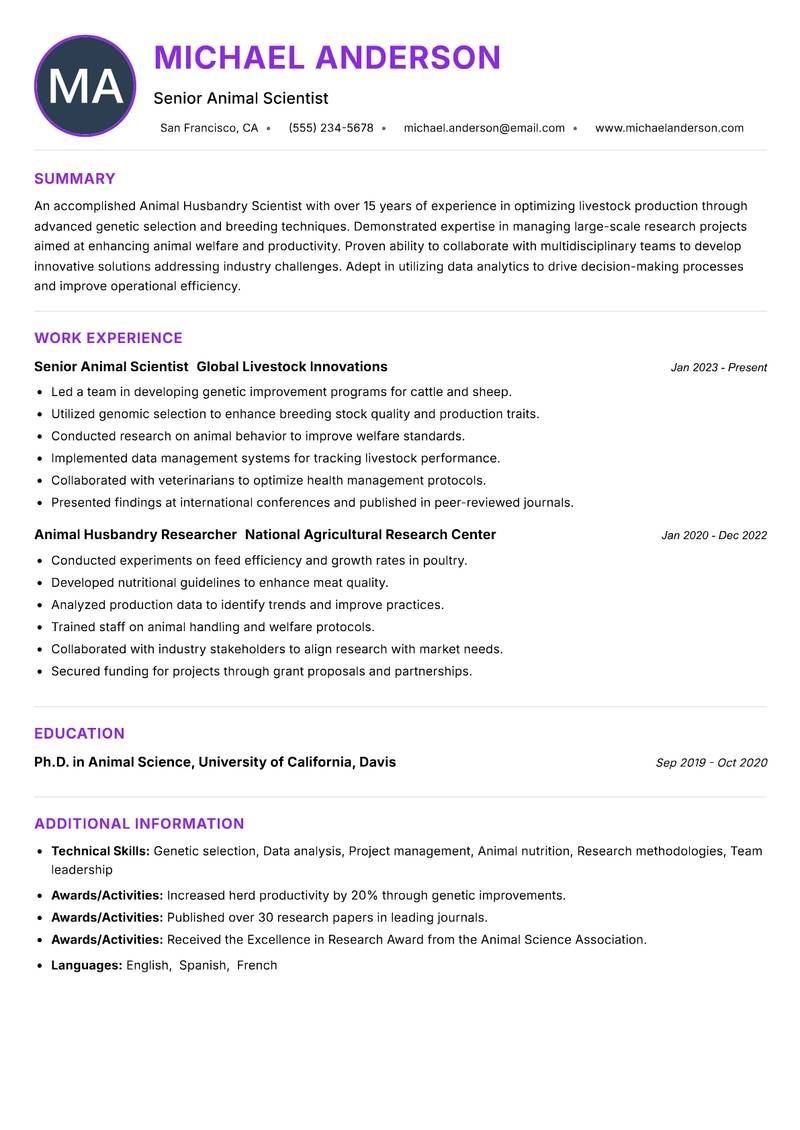 Animal Husbandry Scientist resume example