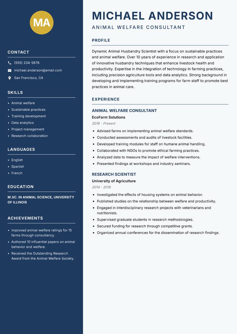 Animal Husbandry Scientist resume sample — Animal Welfare Consultant focus