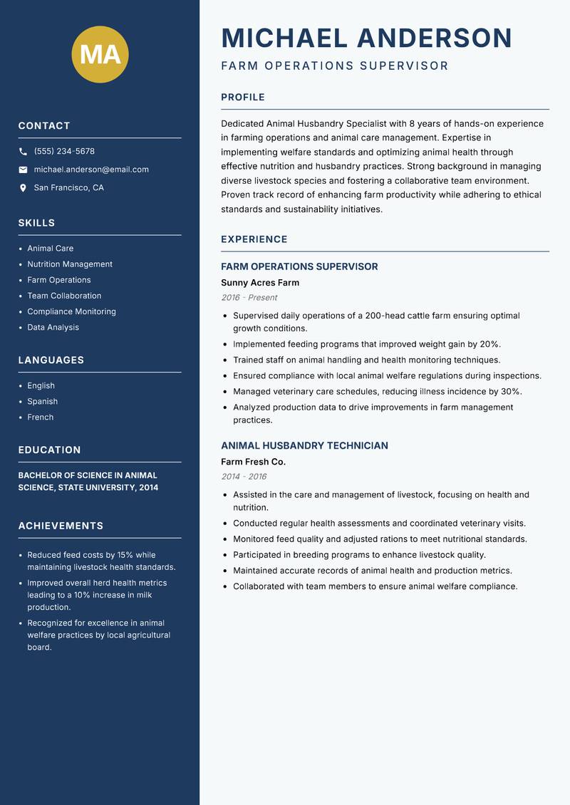 Animal Husbandry Specialist resume sample — Farm Operations Supervisor focus