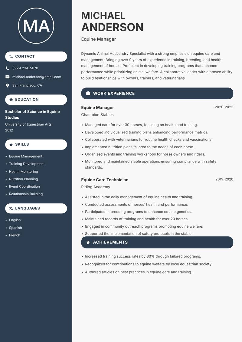 Animal Husbandry Specialist resume sample — Equine Manager focus