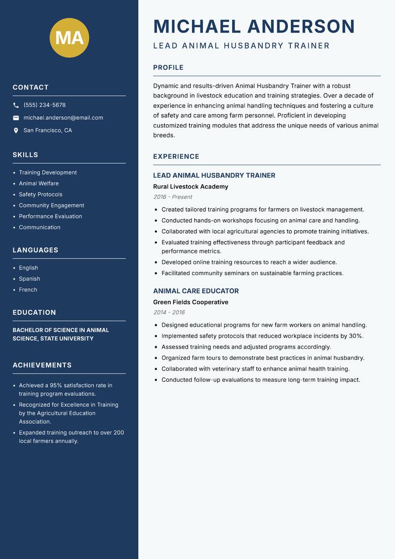Animal Husbandry Trainer resume sample — Lead Animal Husbandry Trainer focus