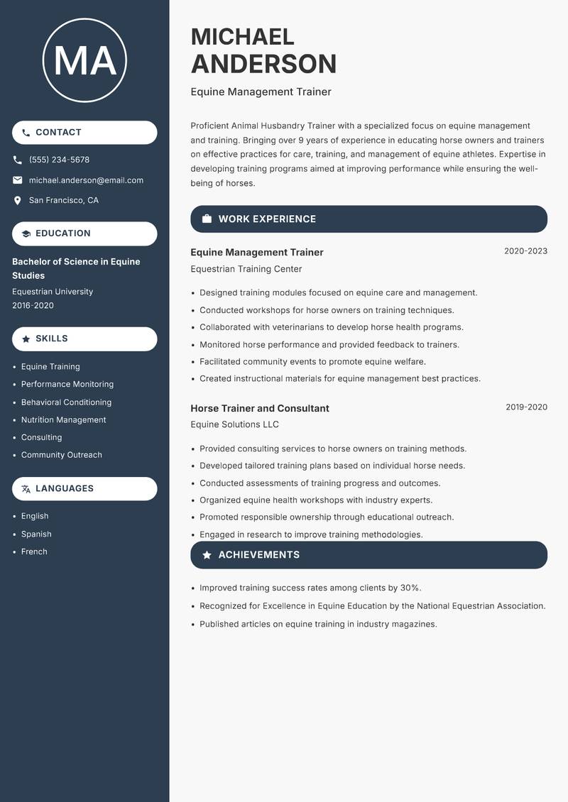 Animal Husbandry Trainer resume sample — Equine Management Trainer focus