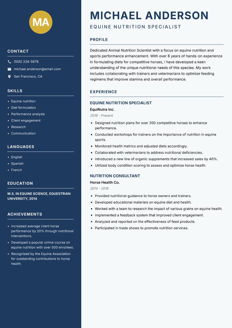 Animal Nutrition Scientist resume sample — Equine Nutrition Specialist focus