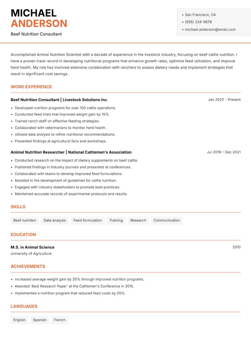 Animal Nutrition Scientist resume sample — Beef Nutrition Consultant focus