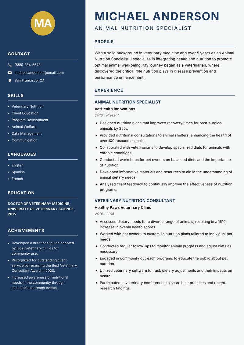 Animal Nutrition Specialist resume sample — Animal Nutrition Specialist focus