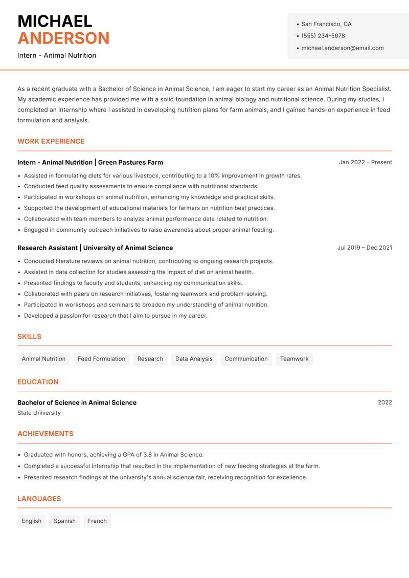 Animal Nutrition Specialist resume sample — Intern - Animal Nutrition focus