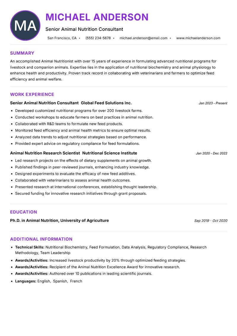 Animal Nutritionist resume example