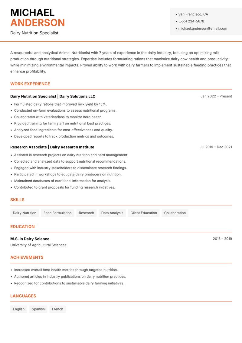 Animal Nutritionist resume sample — Dairy Nutrition Specialist focus