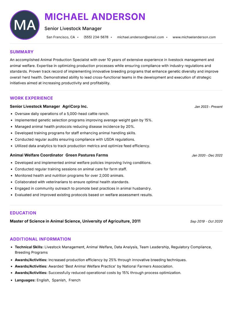 Animal Production Specialist resume example